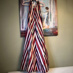 Tome Chevron Pleated Maxi Dress Navy Beige Sz L V-neck EUC